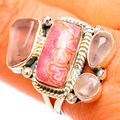 Sterling silver ring with pink rectangular rhodochrosite and rose quartz accent stones