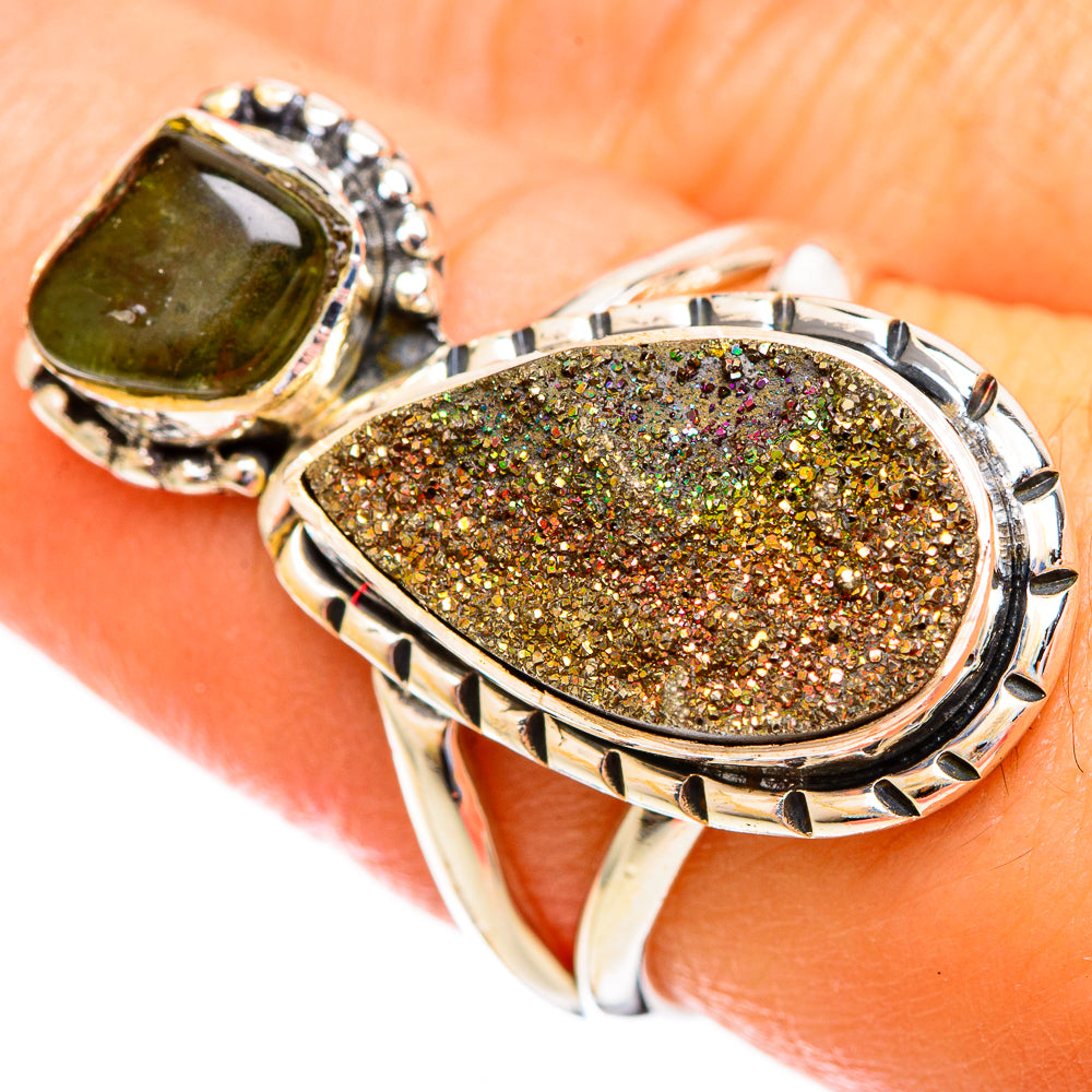 Sterling silver ring with oval gold-speckled green druzy and teardrop green stone
