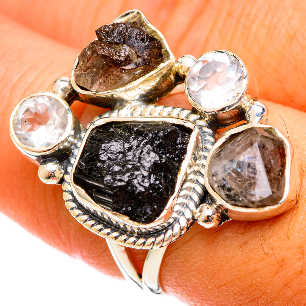 925 sterling silver ring with black tourmaline and clear faceted gemstones, size 7.5
