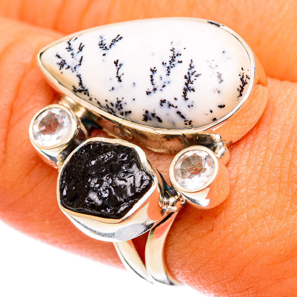 Sterling silver ring with oval white dendritic stone, black tourmaline, clear round accents