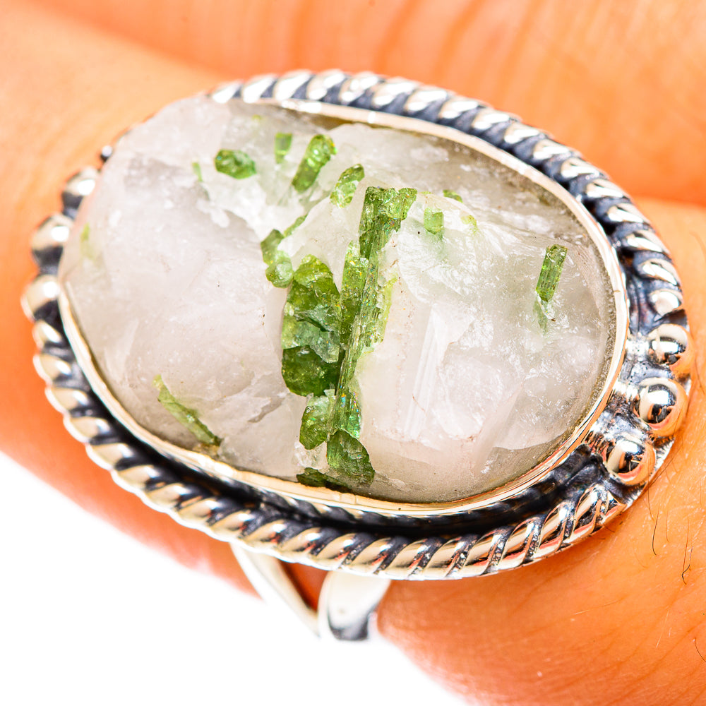 Sterling silver oval ring with green tourmaline in quartz, viewed from side, size 6.75