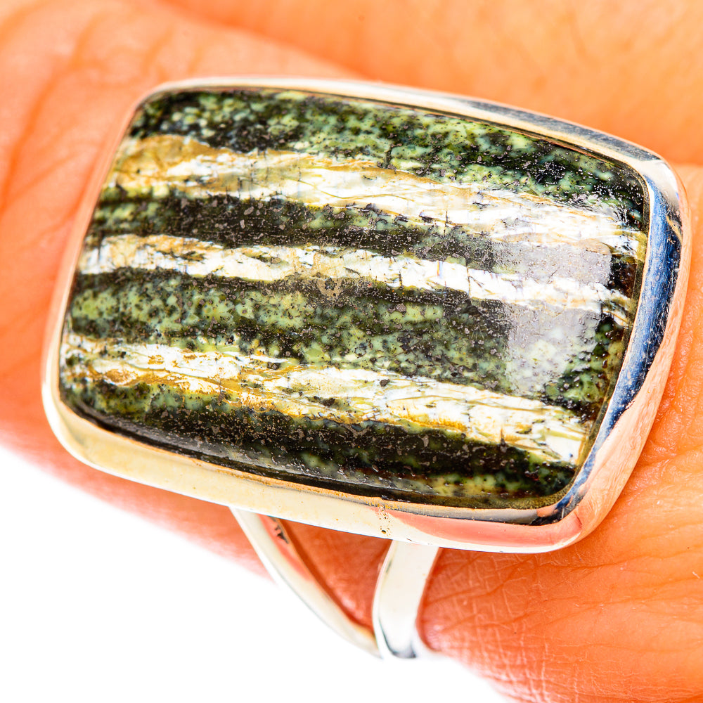 Sterling silver ring with large green opal rectangle cabochon in bezel setting