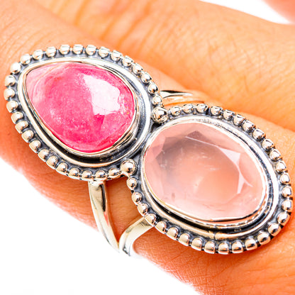 Sterling silver ring with oval pink rhodochrosite and rose quartz, beaded bezel
