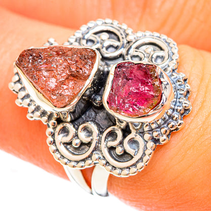 925 sterling silver tourmaline ring with pink and reddish-brown rough stones, decorative filigree