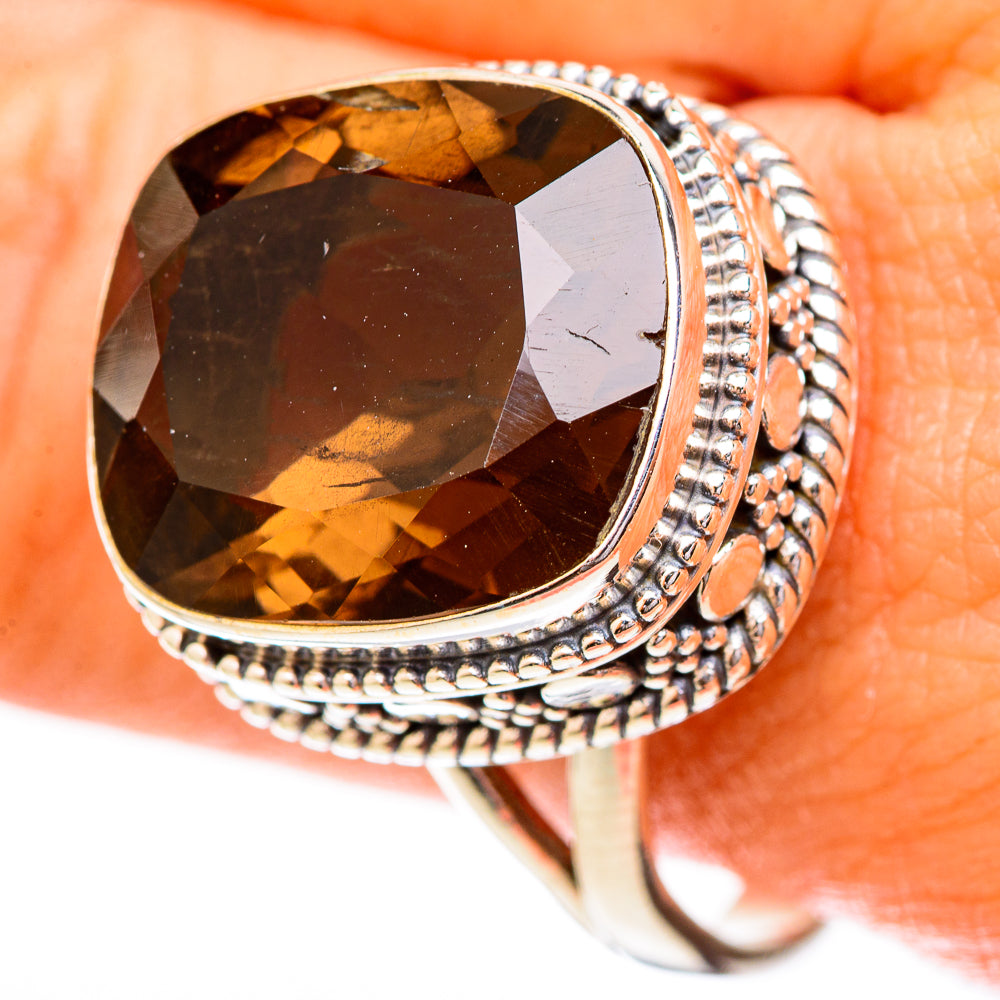 Smoky quartz ring with dark faceted gemstone in 925 sterling silver bezel setting