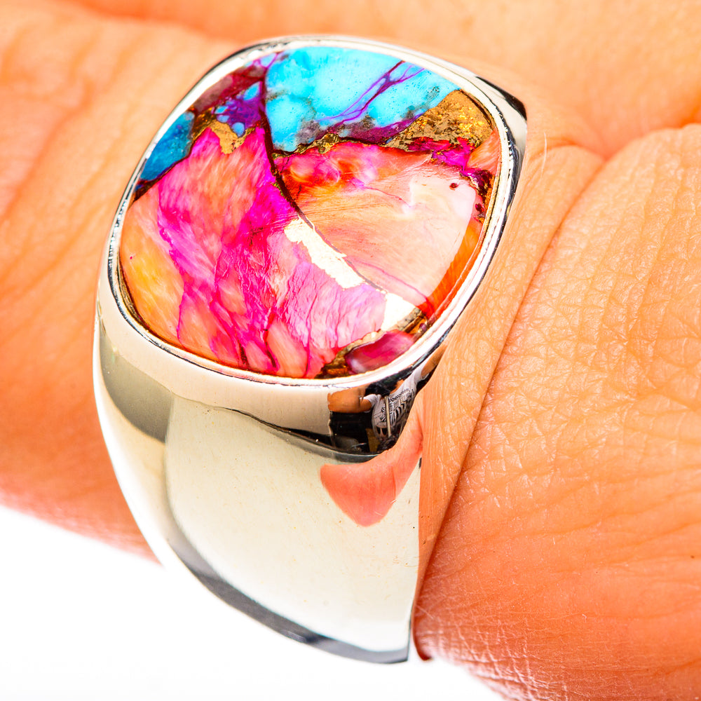 925 sterling silver ring with oval multicolor cabochon, bright pink, orange, turquoise