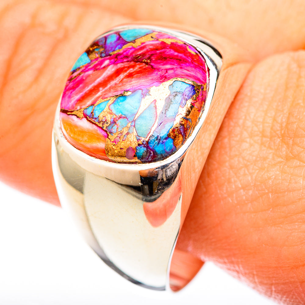 Sterling silver oval inlay ring with turquoise, pink, and multicolor stone