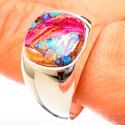 Sterling silver oval inlay ring with turquoise, pink, and multicolor stone