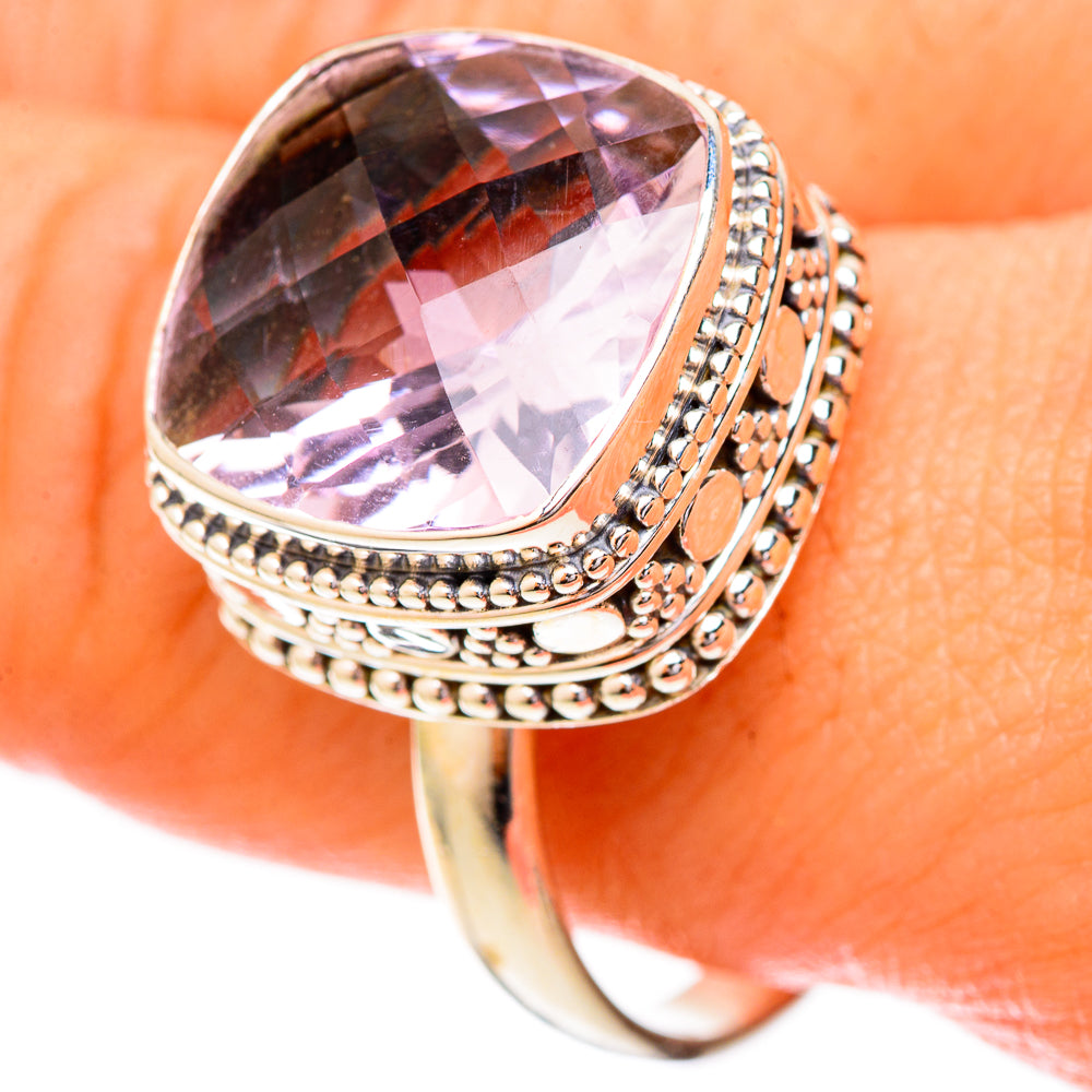 Oval pink amethyst bezel ring in 925 sterling silver with beaded multi-band detail