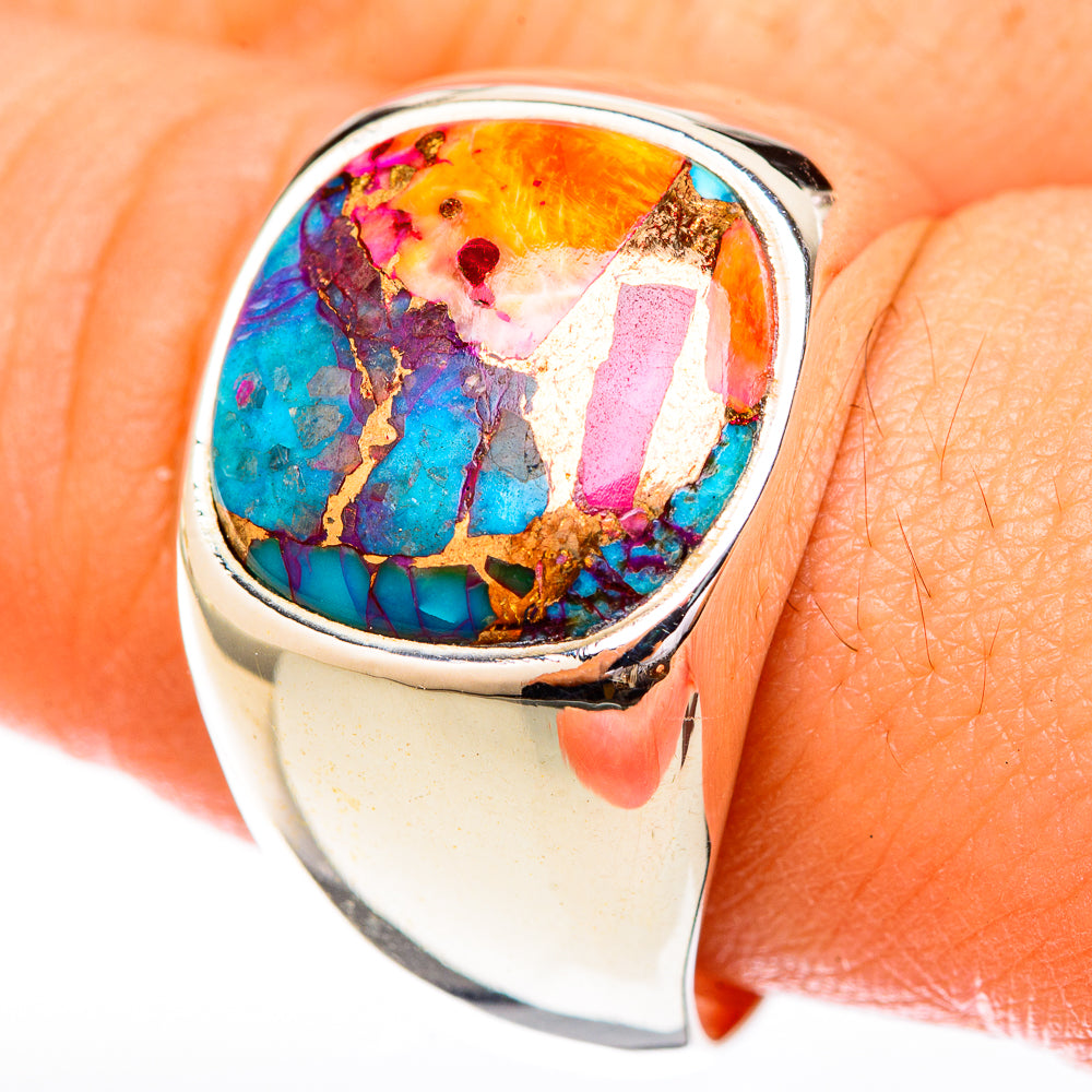 Sterling silver oval gemstone ring with vibrant turquoise and pink cabochon