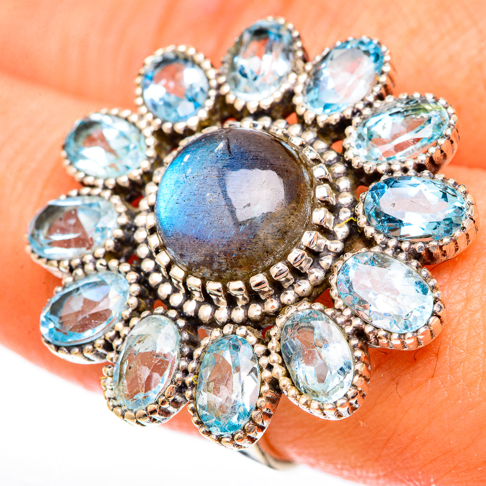 Labradorite and blue topaz ring, round center with oval stones halo, size 8.25