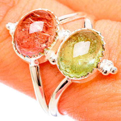 Sterling silver ring with oval pink and green gemstones, prong-set in bezel settings