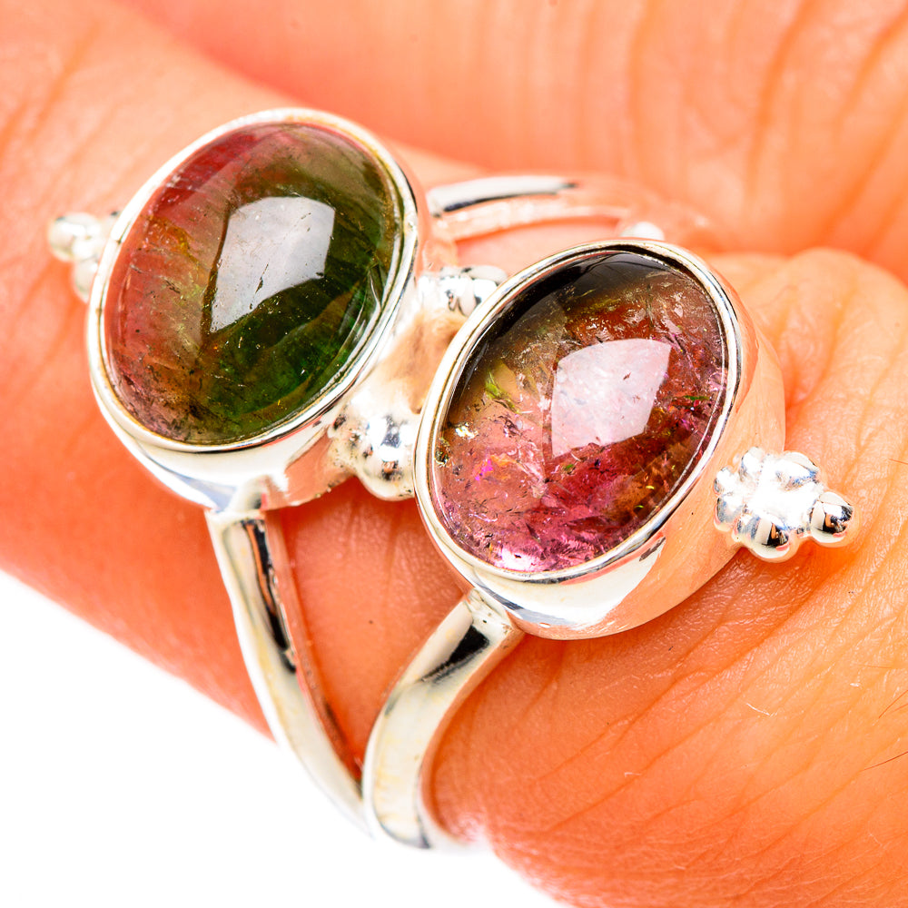Sterling silver double-stone ring with oval watermelon tourmaline centers and prong settings