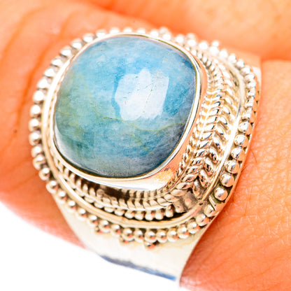 Oval aquamarine cabochon ring with textured rope and bead bezel, size 9