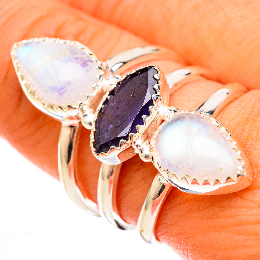 Stacked 925 silver ring with oval moonstones and purple faceted tanzanite, prong-set