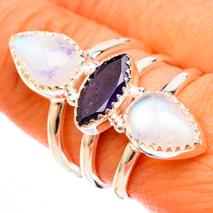 Stacked 925 silver ring with oval moonstones and purple faceted tanzanite, prong-set