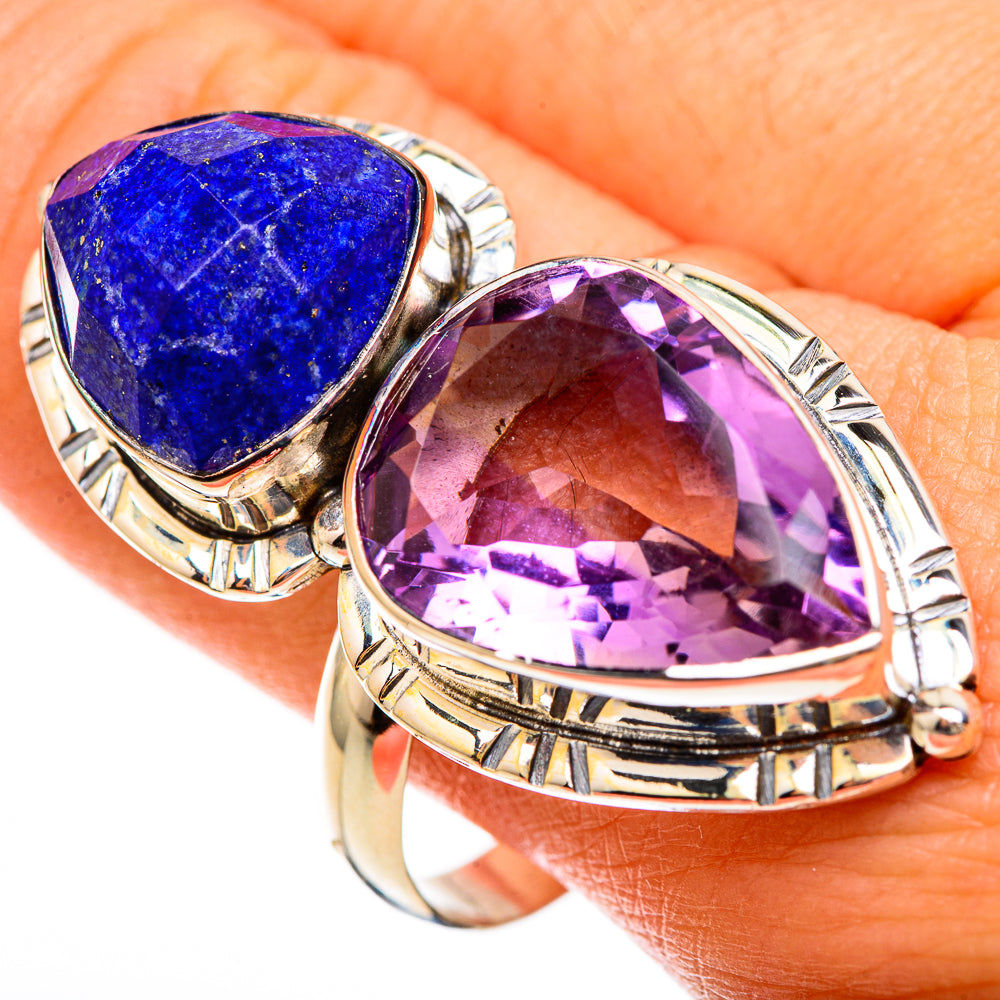 Large faceted gemstone ring with blue lapis and oval amethyst stones, silver-tone metal