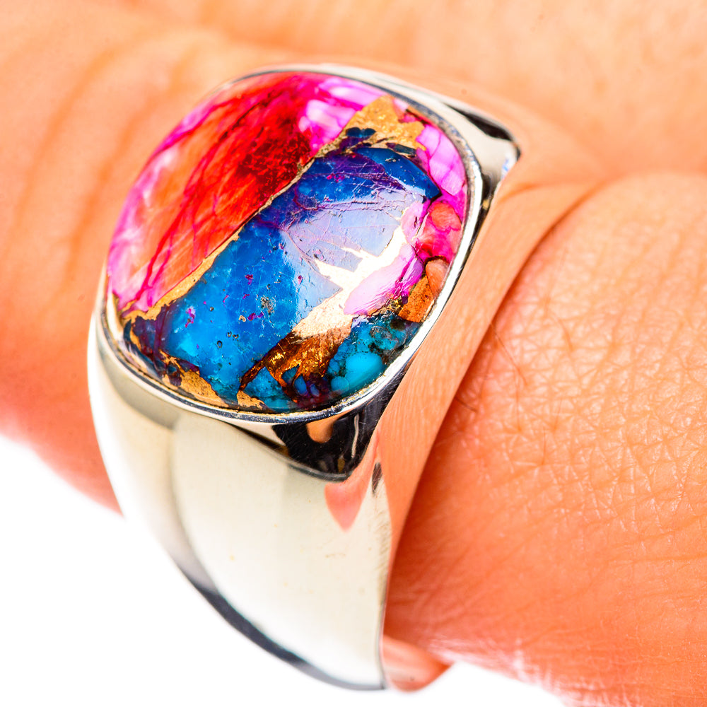 Sterling silver ring with oval multicolor inlay, pink blue orange and gold accents
