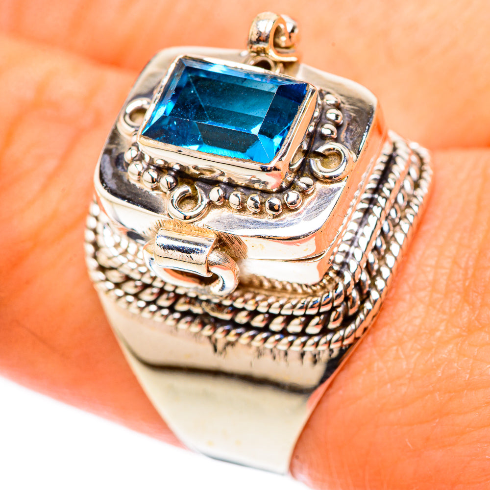 925 sterling silver ring with large square blue gemstone and side scroll detailing