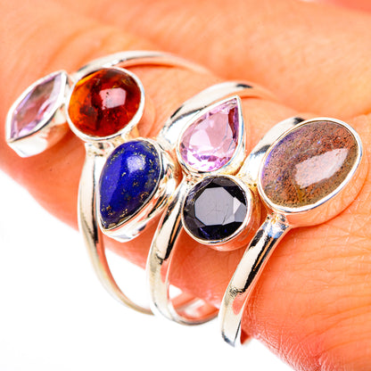Sterling silver multistone ring with red, blue, pink, black and amber-toned oval gems