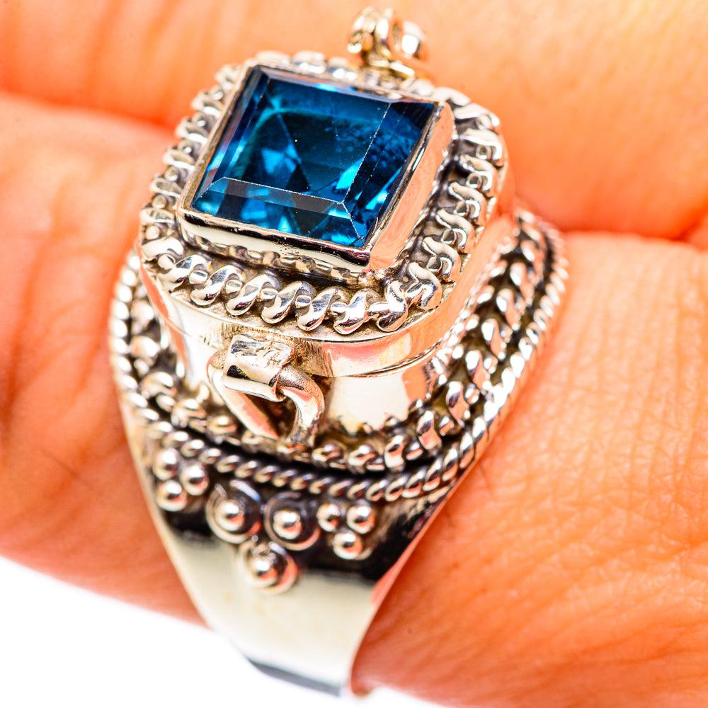 925 sterling silver ring with square blue topaz center and ornate braided bezel