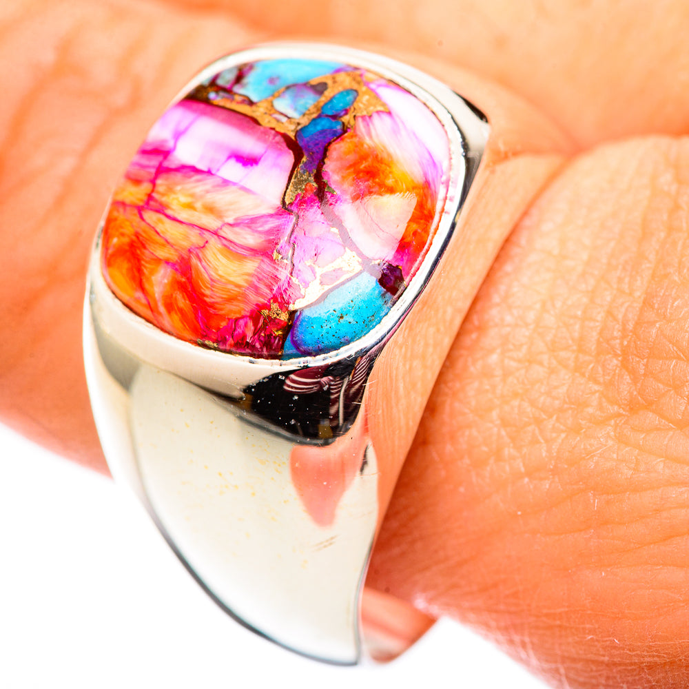 Sterling silver ring with pink, orange, blue stone centerpiece, turquoise accents