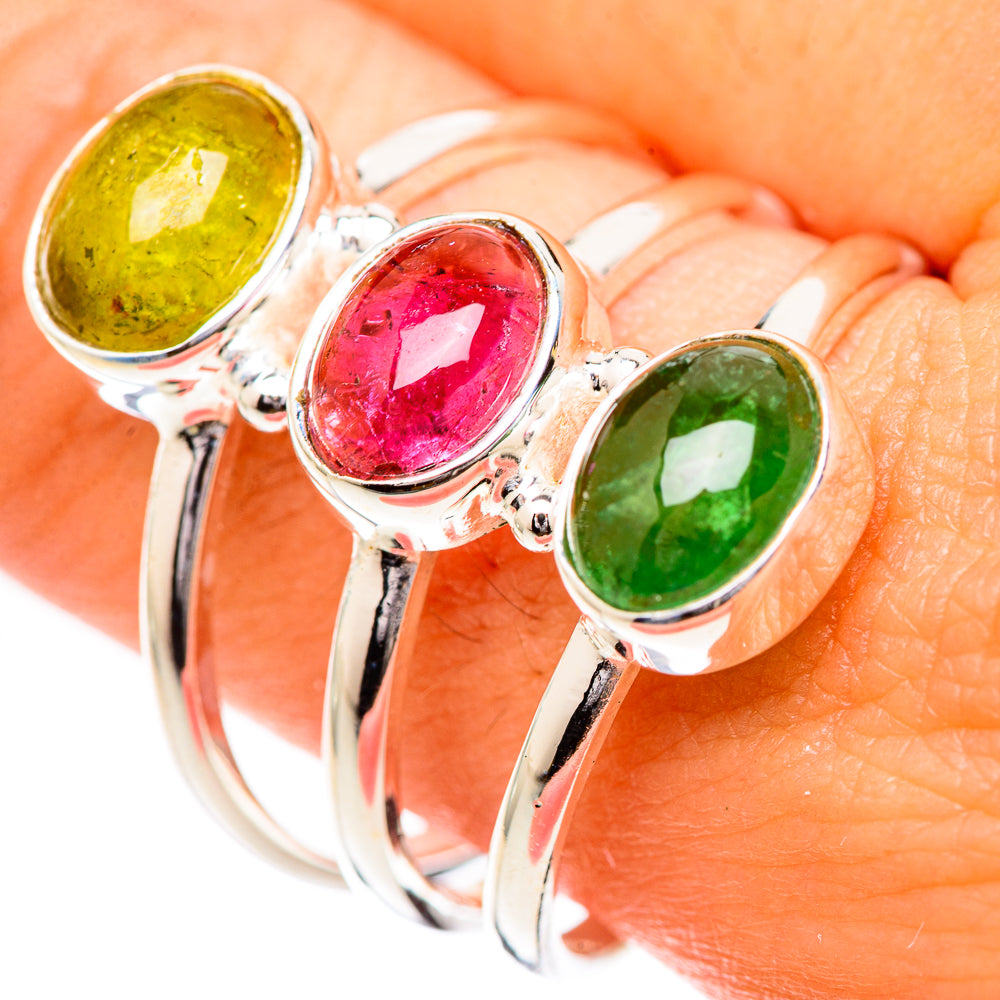 Silver three-stone tourmaline ring with oval green, red, and yellow stones, size 11