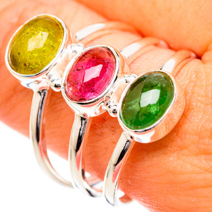 Silver three-stone tourmaline ring with oval green, red, and yellow stones, size 11