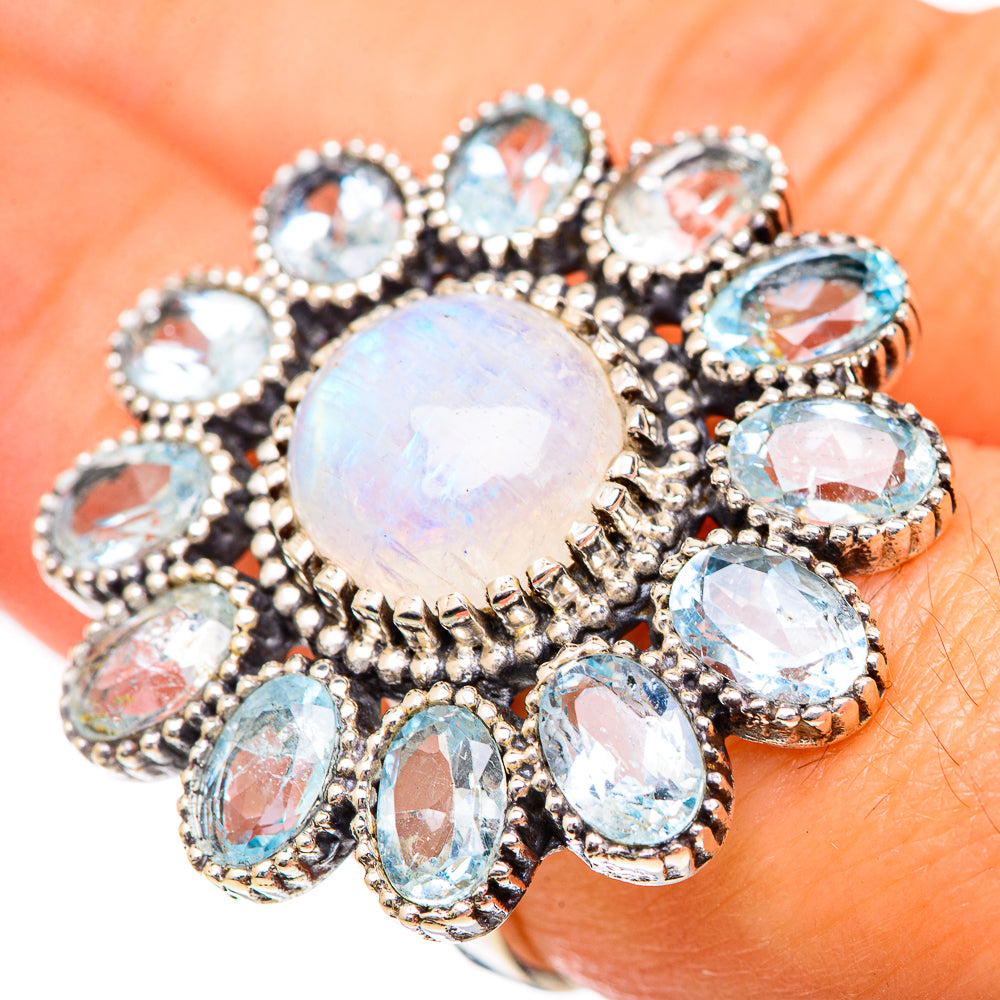 Opalescent moonstone and blue oval gemstone halo ring in 925 sterling silver