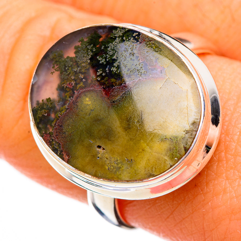 Green and dark mossy plume agate cabochon ring, oval bezel in 925 sterling silver