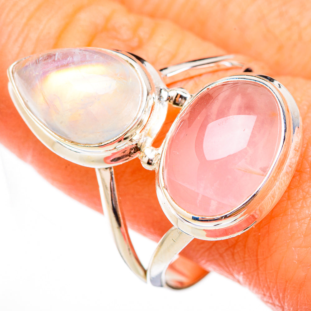 Sterling silver ring with bezel-set teardrop moonstone and pink rose quartz stones