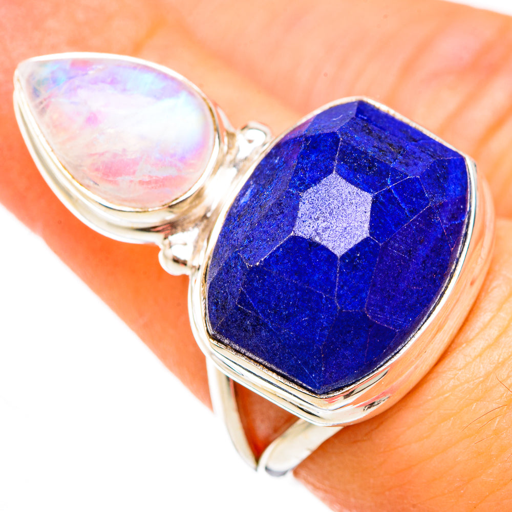Sterling silver ring with blue faceted lapis oval and opalescent teardrop moonstone