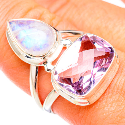 Sterling silver ring with glowing opalescent teardrop stone and faceted pink amethyst