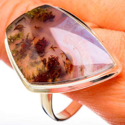 Large sterling silver plume agate ring with oval bezel and dark mossy inclusions