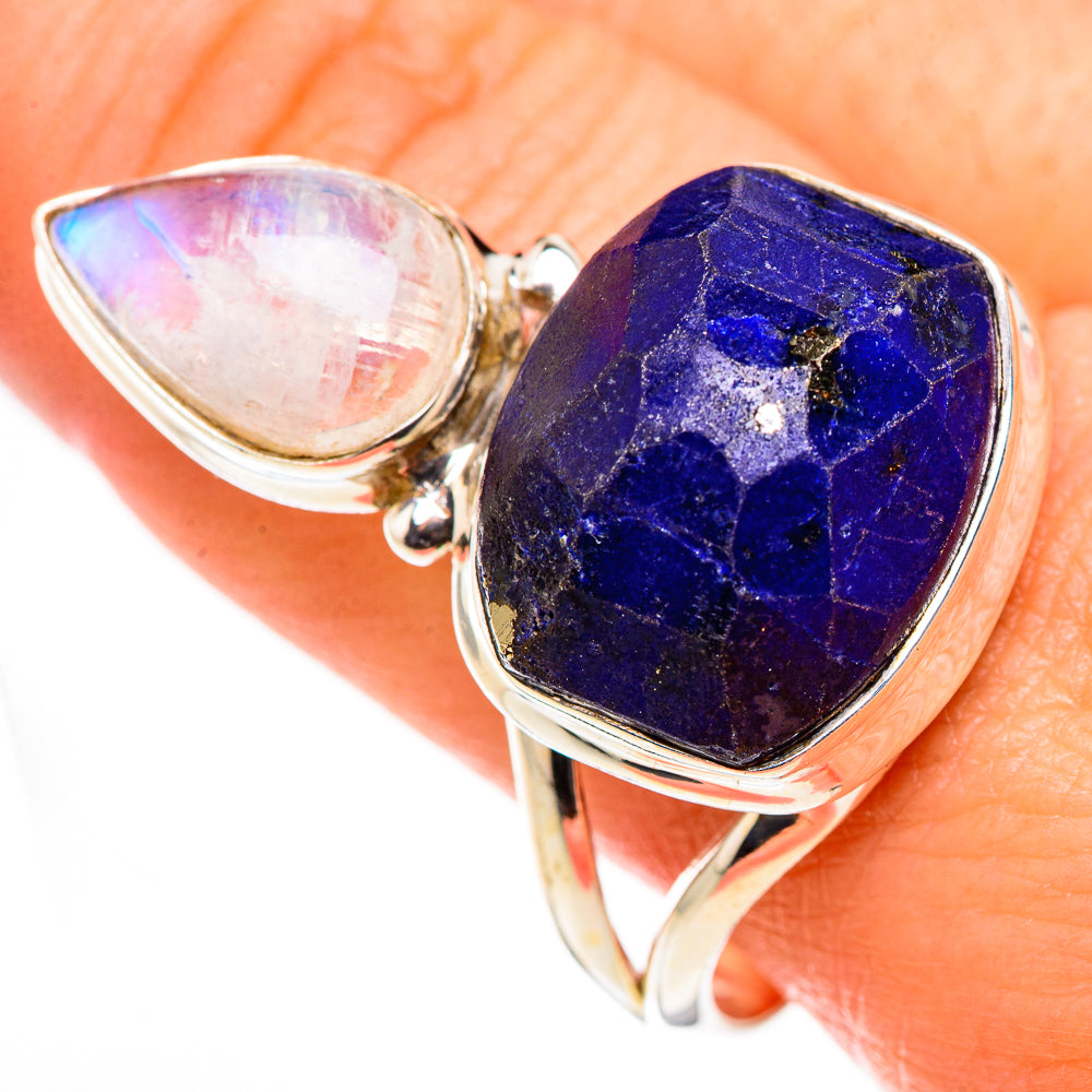 925 sterling silver ring with oval moonstone bezel and faceted lapis lazuli panel