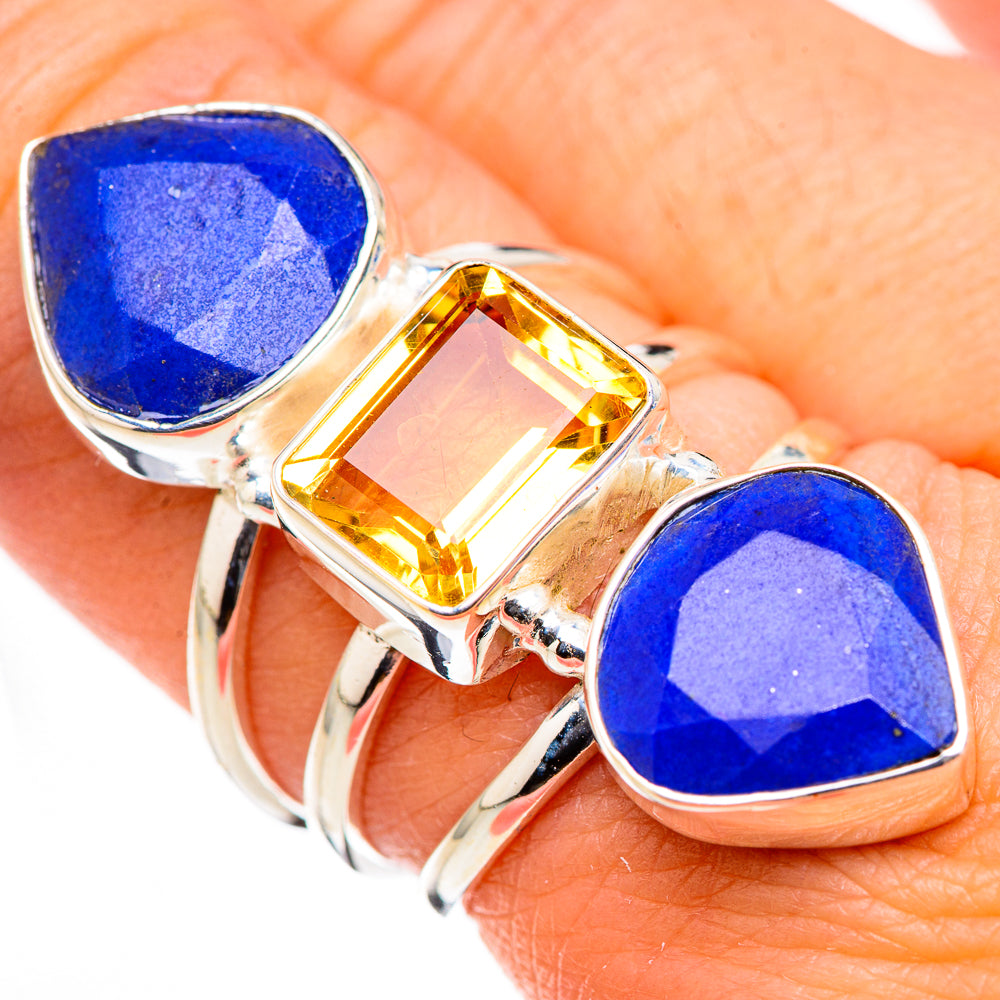 Sterling silver ring featuring two blue lapis and a faceted square citrine centerpiece