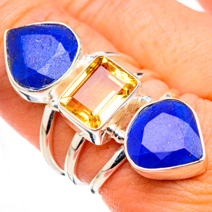 Sterling silver ring featuring two blue lapis and a faceted square citrine centerpiece