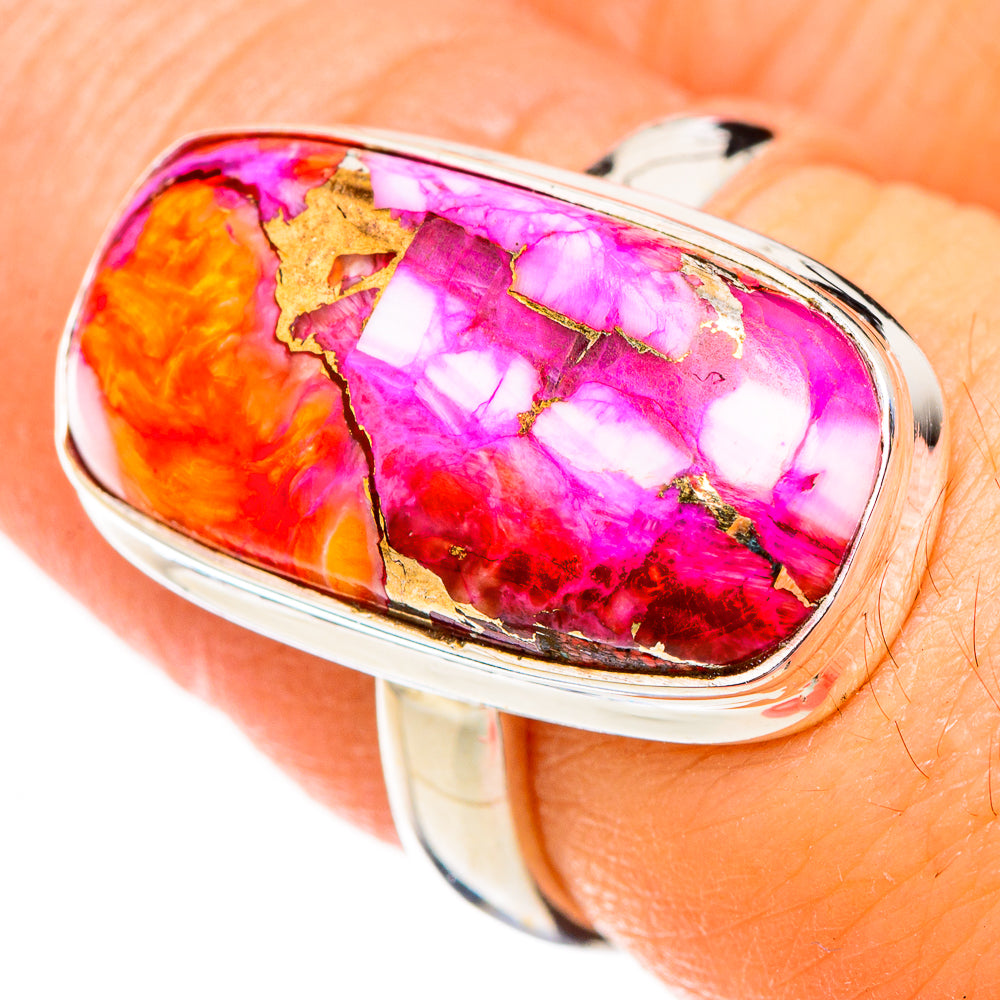 Sterling silver oval cabochon ring with bright pink, orange, and gold-veined stone