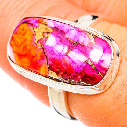 Sterling silver oval cabochon ring with bright pink, orange, and gold-veined stone