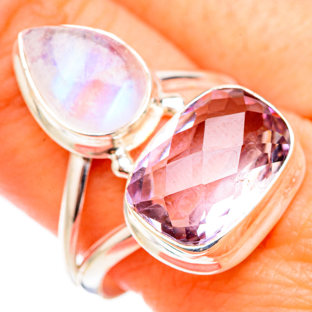 Sterling silver ring with teardrop rainbow moonstone and faceted amethyst stone