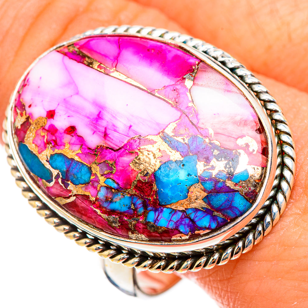 Oval pink, blue and turquoise gemstone ring with braided 925 silver bezel