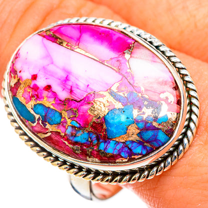Oval pink, blue and turquoise gemstone ring with braided 925 silver bezel