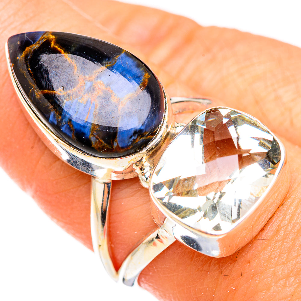 Sterling silver ring with blue pietersite teardrop and clear heart-cut gemstone