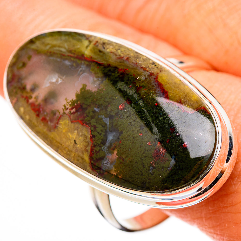 Sterling silver oval bloodstone ring with green, red, and black mottled gemstone