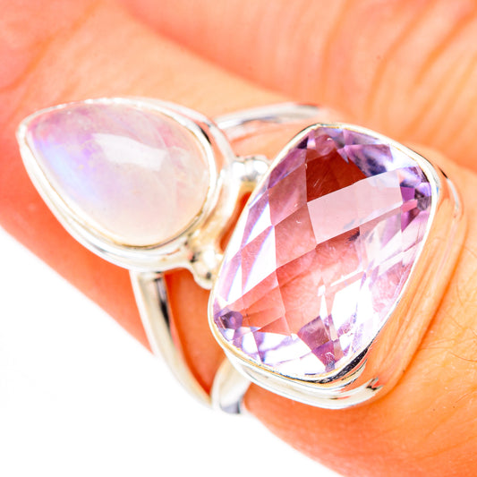 Pink Amethyst, Rainbow Moonstone Rings handcrafted by Ana Silver Co - RING126715