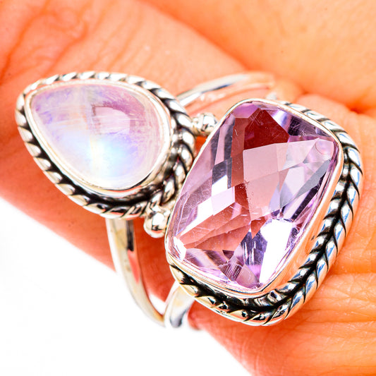 Pink Amethyst, Rainbow Moonstone Rings handcrafted by Ana Silver Co - RING126732