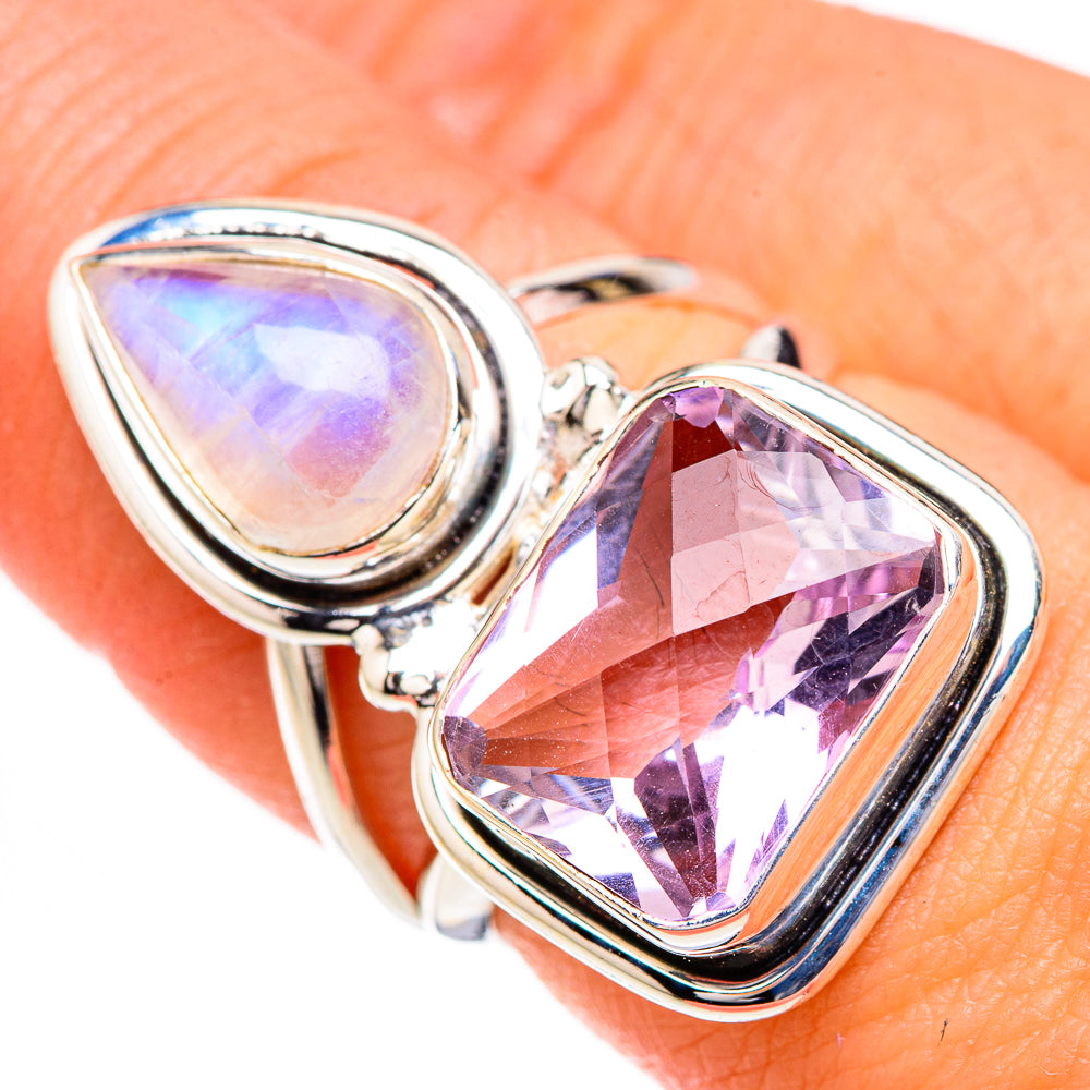 Sterling silver gemstone ring with iridescent moonstone teardrop and faceted purple amethyst
