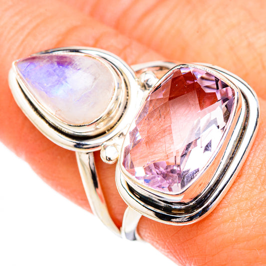 Pink Amethyst, Rainbow Moonstone Rings handcrafted by Ana Silver Co - RING126749