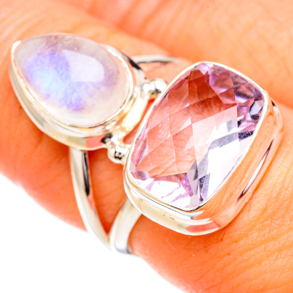 Sterling silver ring with teardrop rainbow moonstone and faceted pink amethyst