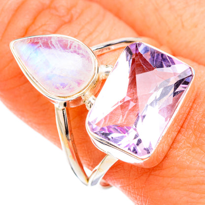 925 sterling silver ring, pear moonstone top and faceted purple amethyst cushion